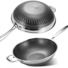 Multi-layer 12'' Stainless Steel Non-Stick Cooking Wok Cookware Frying Pan with Standable Long Handle 