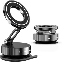 Magnetic Vacuum Suction Phone Holder 360° Adjustable Car Mount with Foldable Arm, 20-Magnet Ring Grip, Adhesive Pad for Dashboard Windshield Desk Kitchen, Black