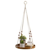 Macrame Plant Hanger, Indoor Hanging Planter Shelf Pot Holder with Wood Tray, Boho Home Decor - 2JYB