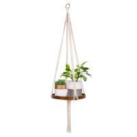 Macrame Plant Hanger, Indoor Hanging Planter Shelf Pot Holder with Wood Tray, Boho Home Decor - VW8F