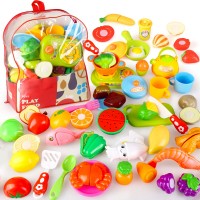 BeebeeRun 41 Pcs Cutting Pretend Play Food with Clear Backpack, Educational Food Learning Toys with Plastic Fruits, Vegetables, Mini Dishes, Pots, Pans - 8400