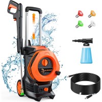 Electric Pressure Washer 2600 PSI, Portable Power Washer with Hose Reel, 4 Quick-Connect Nozzles, Foam Cannon, 16.4 ft Hose, Telescopic Handle & Wheels for Car, Patio, Driveway & Home Cleaning