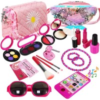 22PC Pretend Roleplay Makeup Kit with 2 Cosmetic Bags, Phone, Eyeshadow, Blush, Lipstick, Sunglasses for Children Kids Girls Ages 3+ 