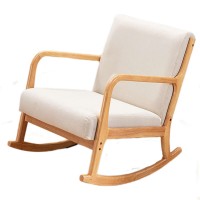 Modern Wooden Rocking Chair with Cushioned Seat and Backrest, Upholstered Linen Fabric Armchair for Living Room, Bedroom, Nursery, Lounge – Natural Wood Frame, Cream White