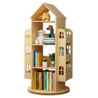 4-Tier Rotating House-Shaped Bookshelf, 360° Solid Wood Rotating Stackable Shelves Bookshelf Organizer for Home, Bedroom, Office 