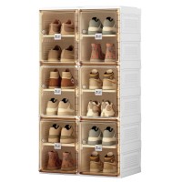 ANTBOX Portable Shoe Rack Organizer, Stackable Sneaker Organizer Cabinet with Magnetic Door, Folding Design, Clear Plastic Storage Container, 6 Tier 12 Pairs (Brown) - S2-S12-D6