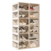 ANTBOX Portable Shoe Rack Organizer, Stackable Sneaker Organizer Cabinet with Magnetic Door, Folding Design, Clear Plastic Storage Container, 6 Tier 12 Pairs (Brown) - ST2-D6