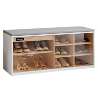 Shoe Storage Bench, 6 Storage Entryway Cabinet with Teal Glass Door, Adjustable Shelves, Deodorization & Negative-Ion Technology for Home, Entryway, Living Room (White) - YJ-HXG-001