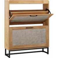 2-Tier Rattan Shoe Cabinet, Modern Wooden Shoe Storage Organizer with Flip Drawers, Adjustable Shelves & Metal Base, Entryway Shoe Rack with Top Shelf for Hallway, Living Room, Light Oak