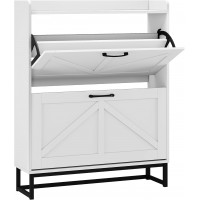 2-Tier White Farmhouse Shoe Cabinet, Wooden Shoe Storage Organizer with Flip Drawers, Adjustable Shelves & Metal Base, Modern Narrow Shoe Rack for Entryway, Hallway, or Bedroom