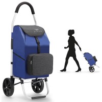 WIKINK Foldable Shopping Trolley, Portable Grocery Cart with 29L Removable Bag, Insulated Pouch, Aluminum Frame (Blue)