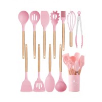 12 PCS Silicone Utensils Set with Plastic Holder, Heat Resistant Silicone Kitchen Tools with Wooden Handles (Pink)