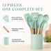 12 PCS Silicone Utensils Set with Plastic Holder, Heat Resistant Silicone Kitchen Tools with Wooden Handles 