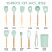12 PCS Silicone Utensils Set with Plastic Holder, Heat Resistant Silicone Kitchen Tools with Wooden Handles 
