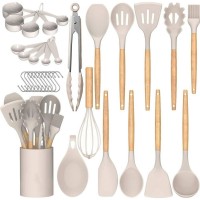 34 PCS Silicone Utensils Set with Plastic Holder, Heat Resistant Silicone Kitchen Tools with Wooden Handles (Khaki)