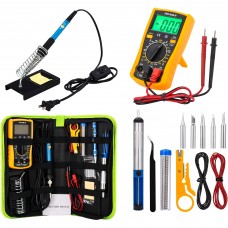 DIY Soldering Kit with Multimeter, 60W Adjustable Temperature Welding Tool with ON/OFF Switch, 5 pcs Soldering Iron Tips, Desoldering Pump, Wire Stripper Cutter, Tweezers, Iron Stand, 2pcs Electronic Wire