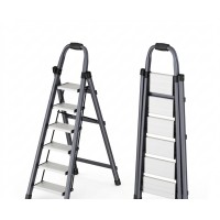 6-Step Folding Step Ladder with Handrail, Wide Anti-Slip Pedals, Space-Saving Foldable Design, Stable Triangular Frame, Carbon Steel Home Ladder for Kitchen, Closet, Office, Grey Model TH6STEP