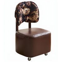Vintage-Style Rolling Vanity Chair with Floral Backrest Cushion, Upholstered Seat, and 360° Caster Wheels – Brown