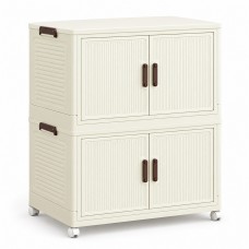 Foldable Storage Cabinet, 2 Tiers, 4 Doors, Casters, Cream, Home