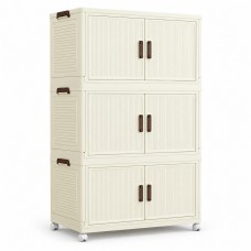 Foldable Storage Cabinet, 3 Tiers, 6 Doors, Casters, Cream, Home