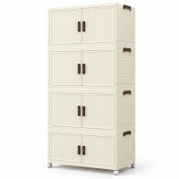 Foldable Storage Cabinet, 4 Tiers, 8 Doors, Casters, Cream, Home Foldable Storage Cabinet, 4 Tiers, 8 Doors, Casters, Cream, Home