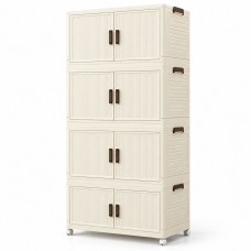 Foldable Storage Cabinet, 4 Tiers, 8 Doors, Casters, Cream, Home Foldable Storage Cabinet, 4 Tiers, 8 Doors, Casters, Cream, Home