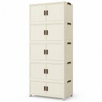 5-Tier Storage Cabinet, Cream Foldable Organizer with Doors & Wheels