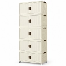 5-Tier Storage Cabinet, Cream Foldable Organizer with Doors & Wheels 5-Tier Storage Cabinet, Cream Foldable Organizer with Doors & Wheels
