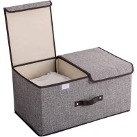 Foldable Linen Storage Box, 50 x 30 x 25 cm Double Lid Organizer Container for Home, Office, Clothes, Books, Toys (Grey) - HJ23052