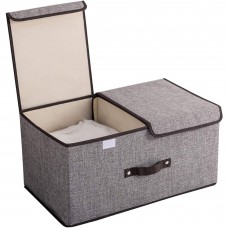 Foldable Linen Storage Box, 50 x 30 x 25 cm Double Lid Organizer Container for Home, Office, Clothes, Books, Toys (Grey) - HJ23052