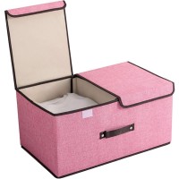 Foldable Linen Storage Box, 50 x 30 x 25 cm Double Lid Organizer Container for Home, Office, Clothes, Books, Toys (Pink) - HJ23054
