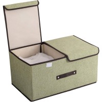 Foldable Linen Storage Box, 50 x 30 x 25 cm Double Lid Organizer Container for Home, Office, Clothes, Books, Toys (Green) - HJ23056