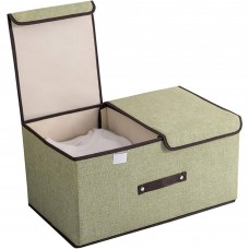 Foldable Linen Storage Box, 50 x 30 x 25 cm Double Lid Organizer Container for Home, Office, Clothes, Books, Toys (Green) - HJ23056
