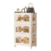 3-Tier Stackable Storage Cabinet, Portable Collapsible Container Box with Wheels for Home, Kitchen, Bathroom, Office (Clear) - YT7013-1