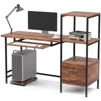 55 inch Modern Style Study Computer Desk with 2 Drawers, Keyboard Tray, Storage Shelves, Table Workstation for Home, Office (Walnut Brown) 