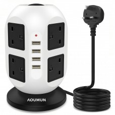 Vertical Multi-Socket Power Bar Surge Protector with 8 AC Outlets, 4 USB Ports, 10Ft/ 3M Extension Cord, 2500W Overload Protection (White)