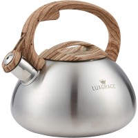 LUXGRACE 2.5 QT Tea Kettle, Whistling Tea Pot with Wood Pattern Handle, Stainless Steel for Stovetops - T02