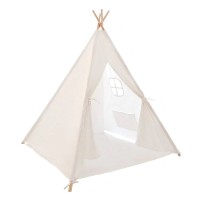 Childrens Play Tent, 119 x 156cm Foldable Teepee Tent with 4 Poles, White Canvas Playhouse for Kids, Indoor, Outdoor