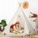Childrens Play Tent, 119 x 156cm Foldable Teepee Tent with 4 Poles, White Canvas Playhouse for Kids, Indoor, Outdoor