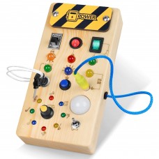 Toddler LED Busy Board | Wooden Montessori Sensory Toy with Light Switches, Buttons, Cords, Key & Plug | Portable Travel Activity Board for Kids, Fine Motor Play