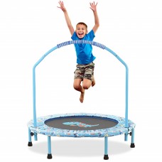 Mini Trampoline for Kids 38 inches Foldable Trampoline with Adjustable Handrail, Safety Padded for Indoor/ Outdoor (Blue)