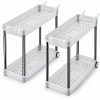 Under Sink Organizer 2 Pack, 2-Tier Storage Shelves with Wheels, White Under Sink Organizer 2 Pack, 2-Tier Storage Shelves with Wheels, White