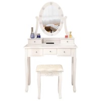 Makeup Vanity Set, Dressing Table with Cushioned Stool, 360-Degree Rotating Mirror w/ LED Lights, 2 Storage Boxes, 3 Drawers (White)_MSW