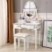 Makeup Vanity Set, Dressing Table with Cushioned Stool, 360-Degree Rotating Mirror w/ LED Lights, 2 Storage Boxes, 3 Drawers (White)_MSW