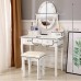 Makeup Vanity Set, Dressing Table with Cushioned Stool, 360-Degree Rotating Mirror w/ LED Lights, 2 Storage Boxes, 3 Drawers (White)_MSW