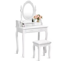 Makeup Vanity Set, Dressing Table with Cushioned Stool, 360-Degree Rotating Mirror, 4 Drawers for Cosmetics, Jewelry - 2781-MSW