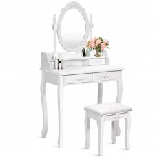 Makeup Vanity Set, Dressing Table with Cushioned Stool, 360-Degree Rotating Mirror, 4 Drawers for Cosmetics, Jewelry - 2781-MSW