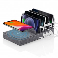 5 in 1 Charging Dock, Wireless Charger Multi Charger Organizer Dock Station with 1 Type C Port & 3 USB A Ports for Smartphones, iPad (Adapter Included)