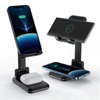 2 in 1 Dual Wireless Charging Stand, Adjustable Folding Phone Holder for Desk 10W Qi Fast Charger Compatible with iPhone, AirPods, Samsung